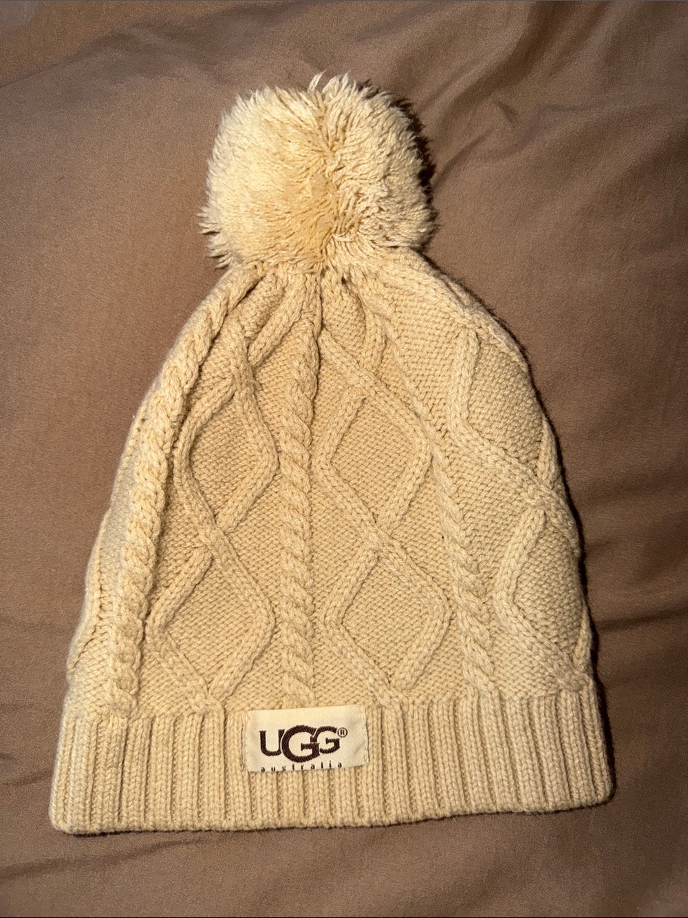 UGG Light Cream Cable Knit Pom-Pom Beanie